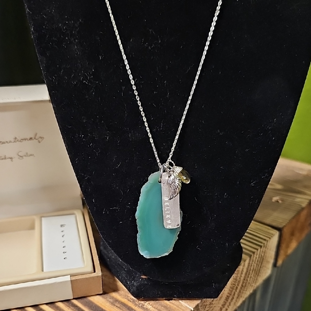 Macy's Silver Necklace with Green Pendant